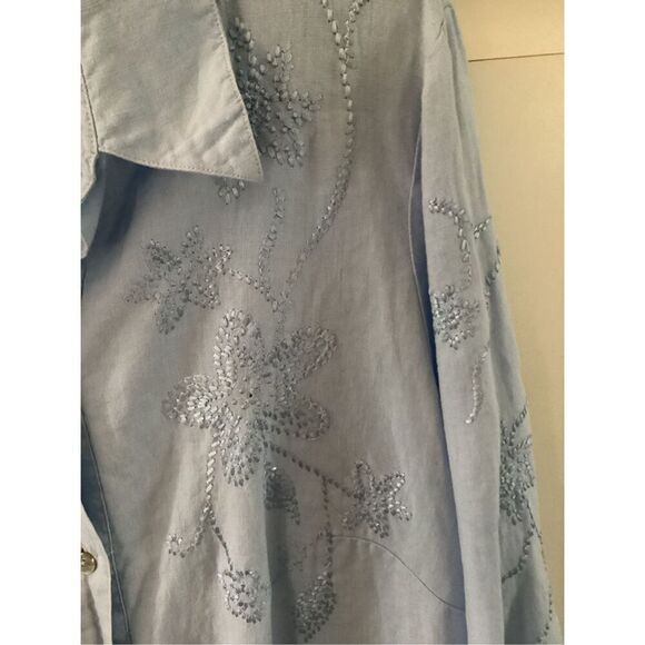 Edward Woman 100% IRISH Linen Button Down Shirt Sz 2X Embroidered Blue - Picture 2 of 8